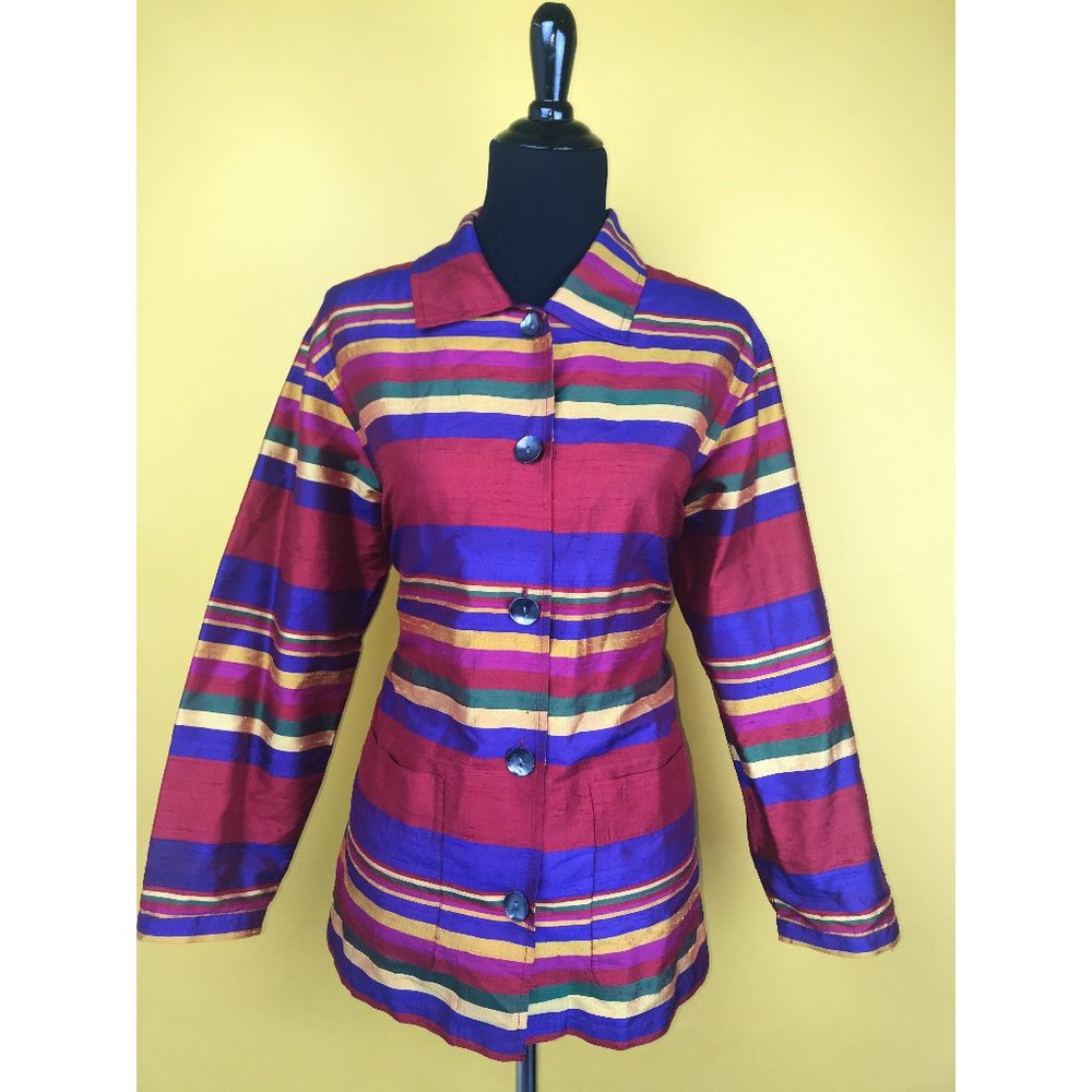 Chico's Silk Stripes Multi-Colored Blouse (Large)